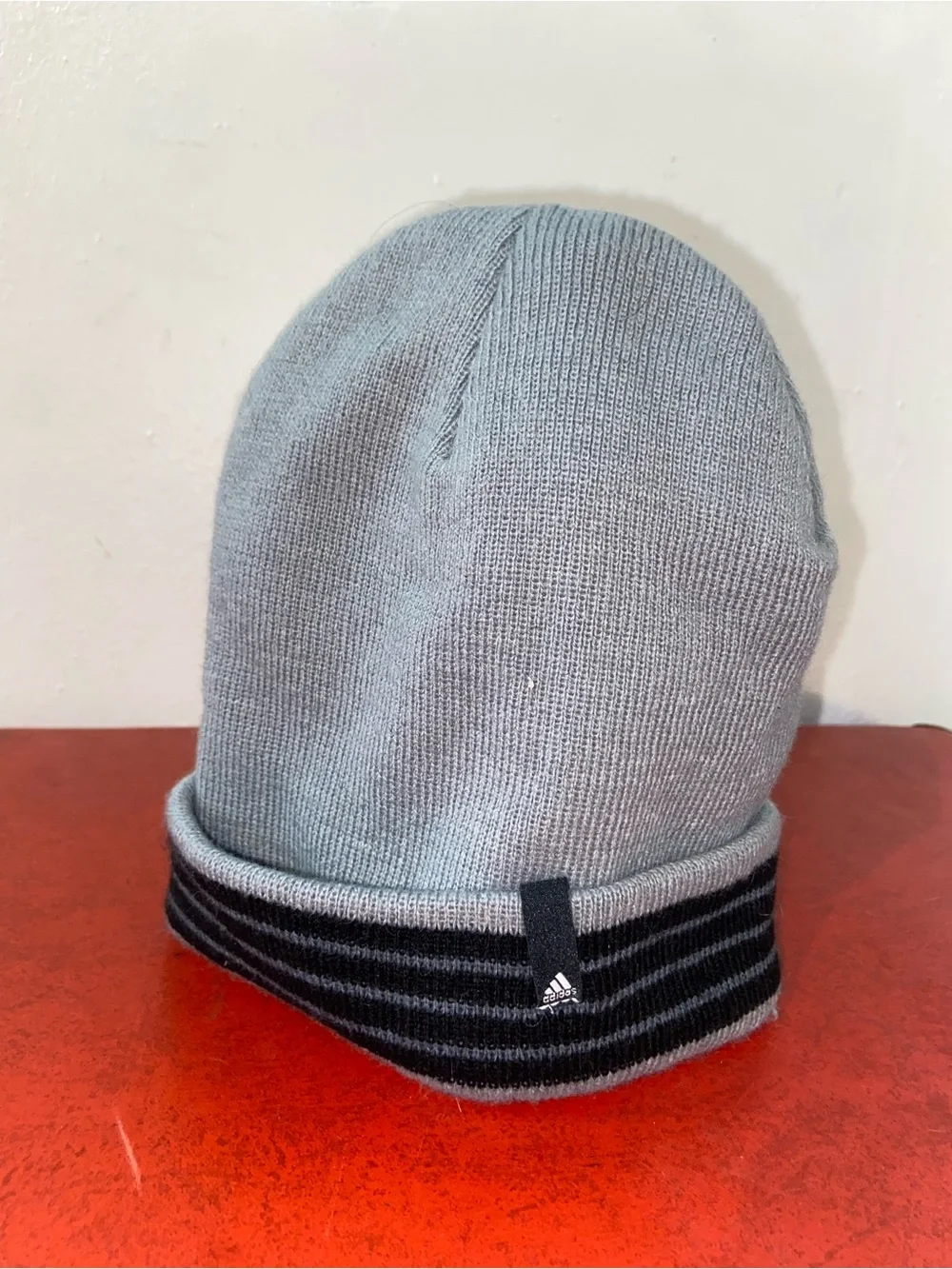 adidas‎ Athleisure Cozy Sporty Light Gray Knit Beanie with Black Striped Cuff
